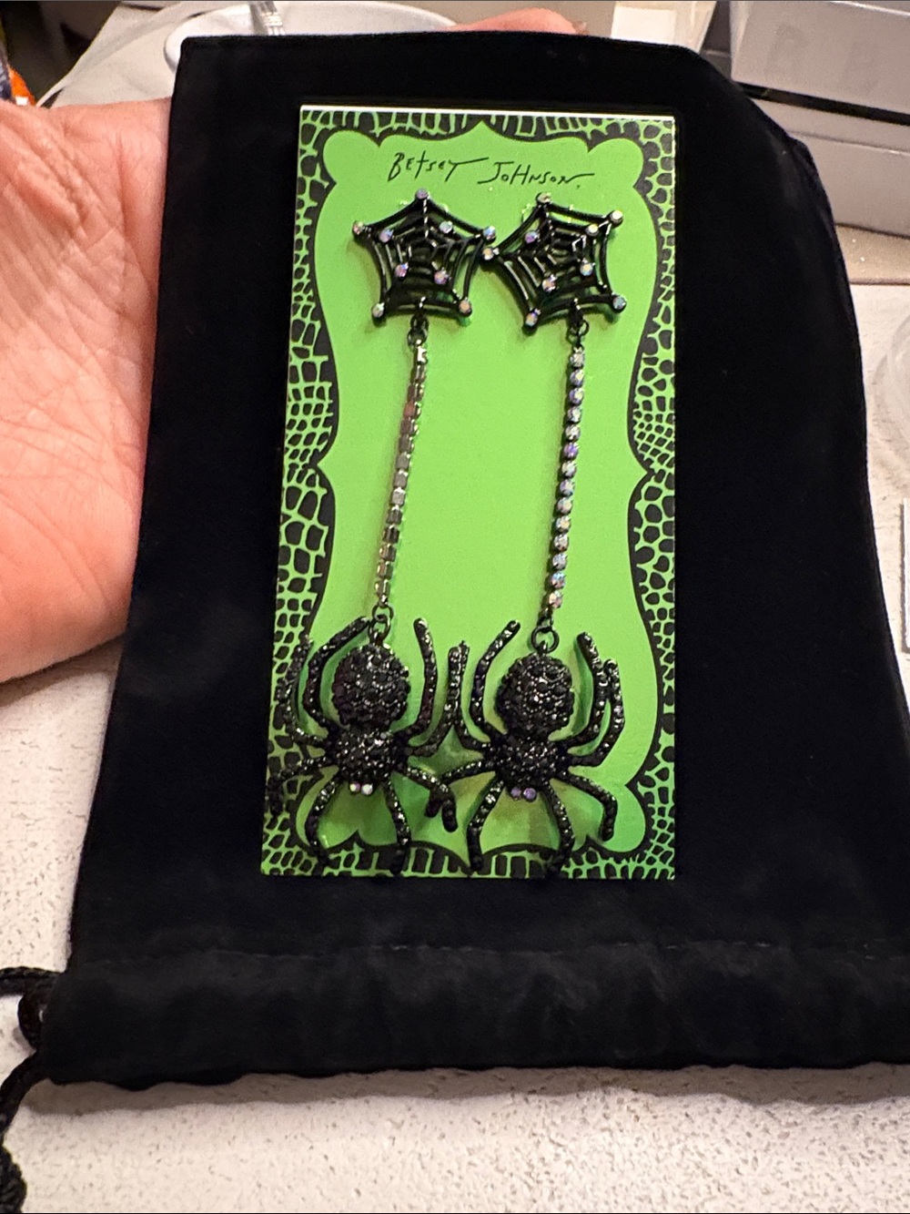 Betsey Johnson Black Spider & Web Drop Earrings
